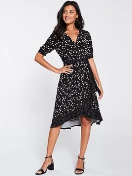 Oasis Spot Ruffle Wrap Midi Dress - Multi Black, Multi Black, Size XS, Women
