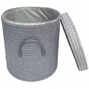 Strong Woven Round Lidded Laundry Storage Basket Bin Lined PVC Handle [Dark Grey,Medium 30 x 32 cm]