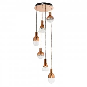 6 Light Spiral Cluster Pendant Copper Plated, Clear Glass, G4 Bulb