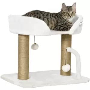 42cm Indoor Cat Tree, Kitty Play Tower w/ Toy Balls, Jute Scratching Post - White - Pawhut