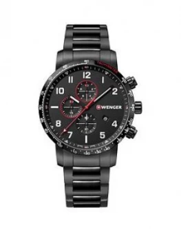 Wenger Swiss Made Attitude Black And Red Detail 44Mm Chronograph Dial Black Ip Stainless Steel Bracelet Mens Watch