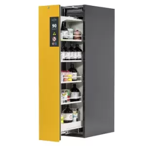 asecos Type 90 fire resistant vertical pull-out cabinet, 1 drawer, 4 tray shelves, grey/yellow
