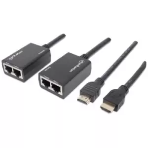 Manhattan 1080p HDMI over Ethernet Extender with Integrated Cables Distances up to 30m with 2x Cat5e or Cat6 Ethernet Cables (not included) Black Thre