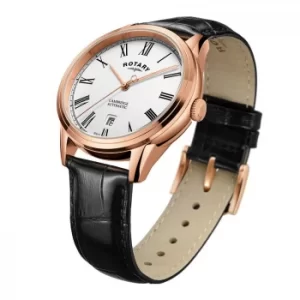 Rotary Cambridge Mens Rose Gold Plated Black Strap Watch