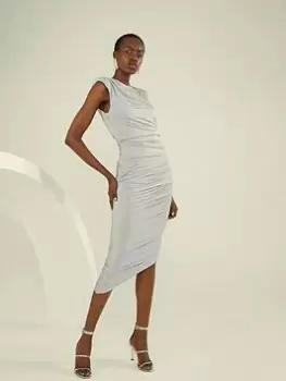 Karen Millen Crepe Draped Midi Dress - Silver, Size S, Women