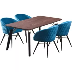 5 Pieces Life Interiors Vittorio Cosmo Dining Set - a Rectangular Walnut Dining Table and Set of 4 Blue Dining Chairs - Blue