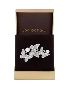 Jon Richard Rhodium Plated Crystal Pave Triple Butterfly And Pearl Brooch - Gift Boxed, Silver, Women