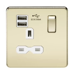 KnightsBridge 13A 1G Screwless Polished Brass 1G Switched Socket with Dual 5V USB Charger Ports - White Insert