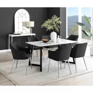 Furniture Box Carson White Marble Effect Dining Table and 6 Black Calla Silver Leg Chairs