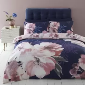 Catherine Lansfield Dramatic Floral Navy Reversible Duvet Cover and Pillowcase Set Navy Blue/Pink/White