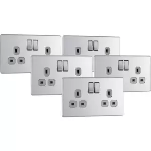 BG Screwless Flat Plate Brushed Stainless Steel 13A DP Switch Socket 2 Gang Trade Pack (5 Pack) in Silver