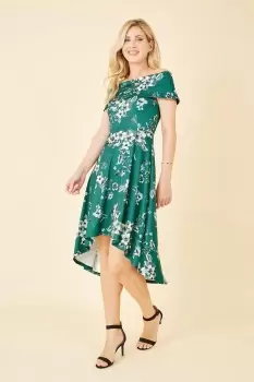 Green Floral Bardot Dipped Hem Dress