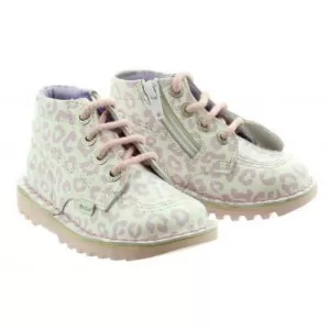 Kickers Girls Kick Hi White Leopard Boot - White/Pink, Size 9 Younger