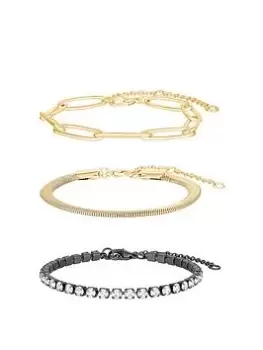 Mood Mood Two Tone Crystal And Chain Layered Bracelets - Pack of 3, Two Tone, Women