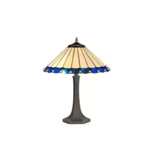 2 Light Octagonal Table Lamp E27 With 40cm Tiffany Shade, Blue, Crystal, Aged Antique Brass