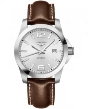 Longines Conquest Automatic Silver Dial Brown Leather Strap Mens Watch L3.777.4.76.5 L3.777.4.76.5