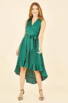 Green Satin Dipped Hem Wrap Over Midi Dress