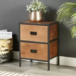 Cayman - Retro Wooden Dark Brown Side Table or Bedside Cabinet 2 Drawer Metal Handles - Brown