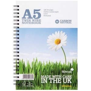 Silvine A5 Notebook Carbon Neutral Wirebound 80gsm Ruled Margin Perforated Punched 4 Holes 120pp Pack of 5
