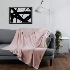 Dreamscene Ultra Soft Flannel Fleece Pom Pom Throw Blanket Blush 150 X 200Cm