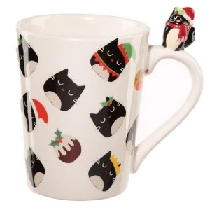 Feline Festive Christmas Cat on Handle Ceramic Mug