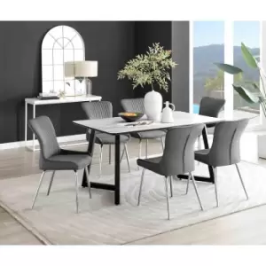 Furniture Box Carson White Marble Effect Dining Table and 6 Dark Grey Nora Silver Leg Chairs