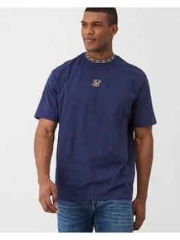 SikSilk Short Sleeve Tape Collar Essentials T-Shirt - Navy, Size XL, Men