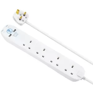 Masterplug 4 Socket 2m 13 Amp Surge Protected Extension Lead + 2x USB (2.1A) - White