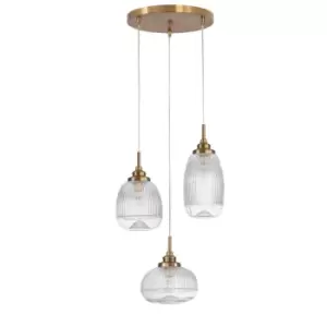 Estevan 3 Light Cluster Pendant Ceiling Light Satin Gold Metal Clear Glass LED E14 - Merano