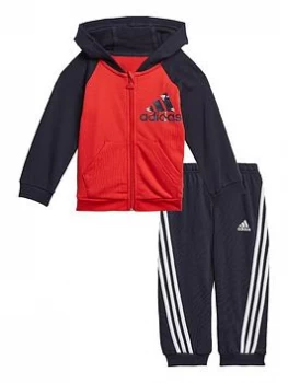 Boys, adidas Infant Unisex Badge Of Sport Full Zip Hood & Jog Pant Set - Red/Black, Red/White, Size 0-3 Months