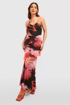 Abstract Palm Print Ruffle Mesh Maxi Dress