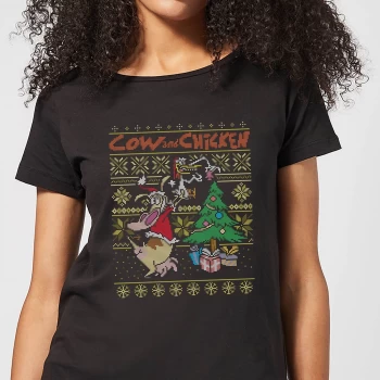 Cow and Chicken Cow And Chicken Pattern Womens Christmas T-Shirt - Black - L