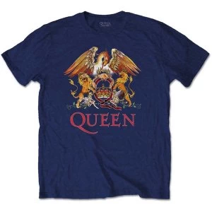 Queen - Classic Crest Mens Large T-Shirt - Navy Blue