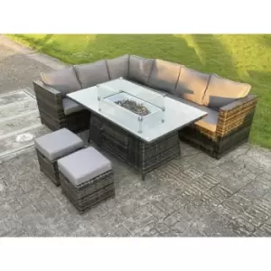 8 Seater pe Rattan Corner Sofa Set Gas Fire Pit Dining Table Set Heater With 2 Small Stools - Fimous