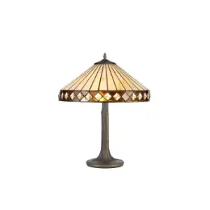 2 Light Tree Like Table Lamp E27 With 40cm Tiffany Shade, Amber, Crystal, Aged Antique Brass