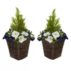 Greenbrokers Artificial Dark Purple & White Petunia Rattan Patio Planters 60Cm/24In (set Of 2)
