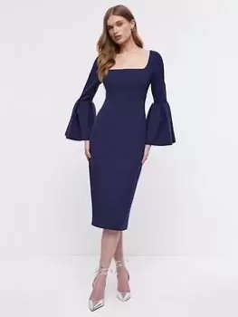 COAST Full Sleeve Corset Bodice Pencil Dress - Navy, Blue, Size 12, Women