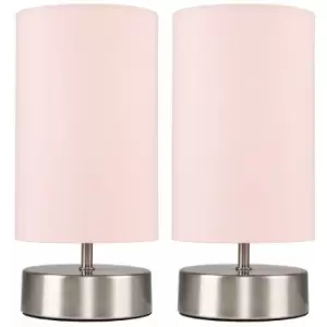 Minisun - 2 x Chrome Touch Dimmer Bedside Table Lamps with Light Shades - Pink