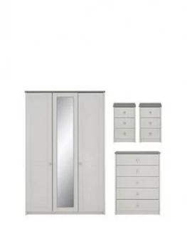 Alderley Part Assembled 4 Piece Package - 3 Door Mirrored Wardrobe, Chest Of 5 Drawers And 2 Bedside Chests