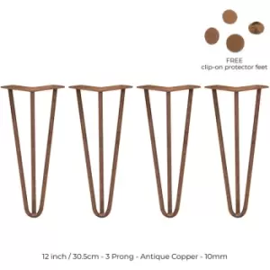 4 x 12' Hairpin Legs - 3 Prong - 10mm - Antique Copper - Antique Copper