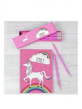 Personalised Unicorn Pink Pencils In A Box And Matching Note Book