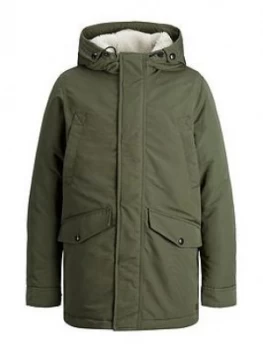 Jack & Jones Junior Boys Water Repellent Hooded Parka - Olive Size Age: 8 Years