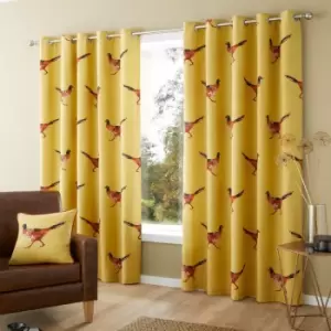 Fusion Pheasant Contemporary Print 100% Cotton Eyelet Lined Curtains, Ochre, 46 x 54 Inch