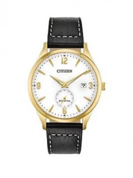 Citizen Eco-Drive White And Gold Detail Date Dial Black Leather Strap Mens Watch