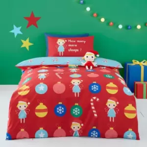 Christmas Fairy Print 100% Cotton Reversible Duvet Cover Set, Red, Junior - Cosatto