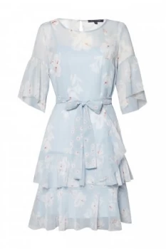 French Connection Alba Sheer Tie Waist Ruffle Dress Blue