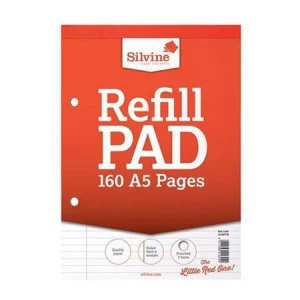 Silvine A5 Refill Pad Headbound Perforated Punched Feint Ruled Margin 160 Pages 75gsm Pack of 6