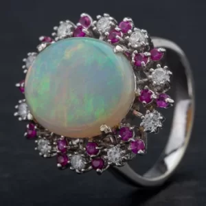 Pre-Owned 14ct White Gold Ruby Diamond Opal Cluster Ring 4338020