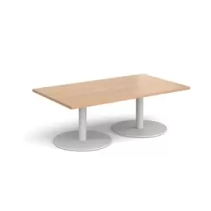 Monza rectangular coffee table with flat round white bases 1400mm x 800mm - beech