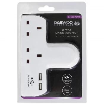 Daewoo 2-Way Wall Adaptor with 2 USB Ports - White